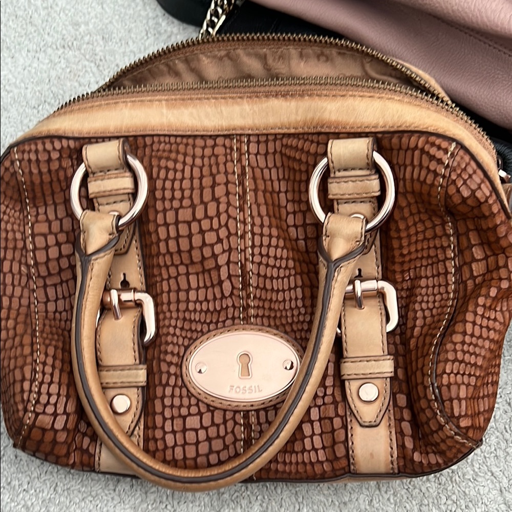Fossil Brown and Tan Satchel with Gold Hardware